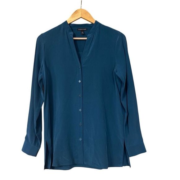 Eileen fisher silk crepe de chine stand collar blouse shirt size XXS - Picture 1 of 12